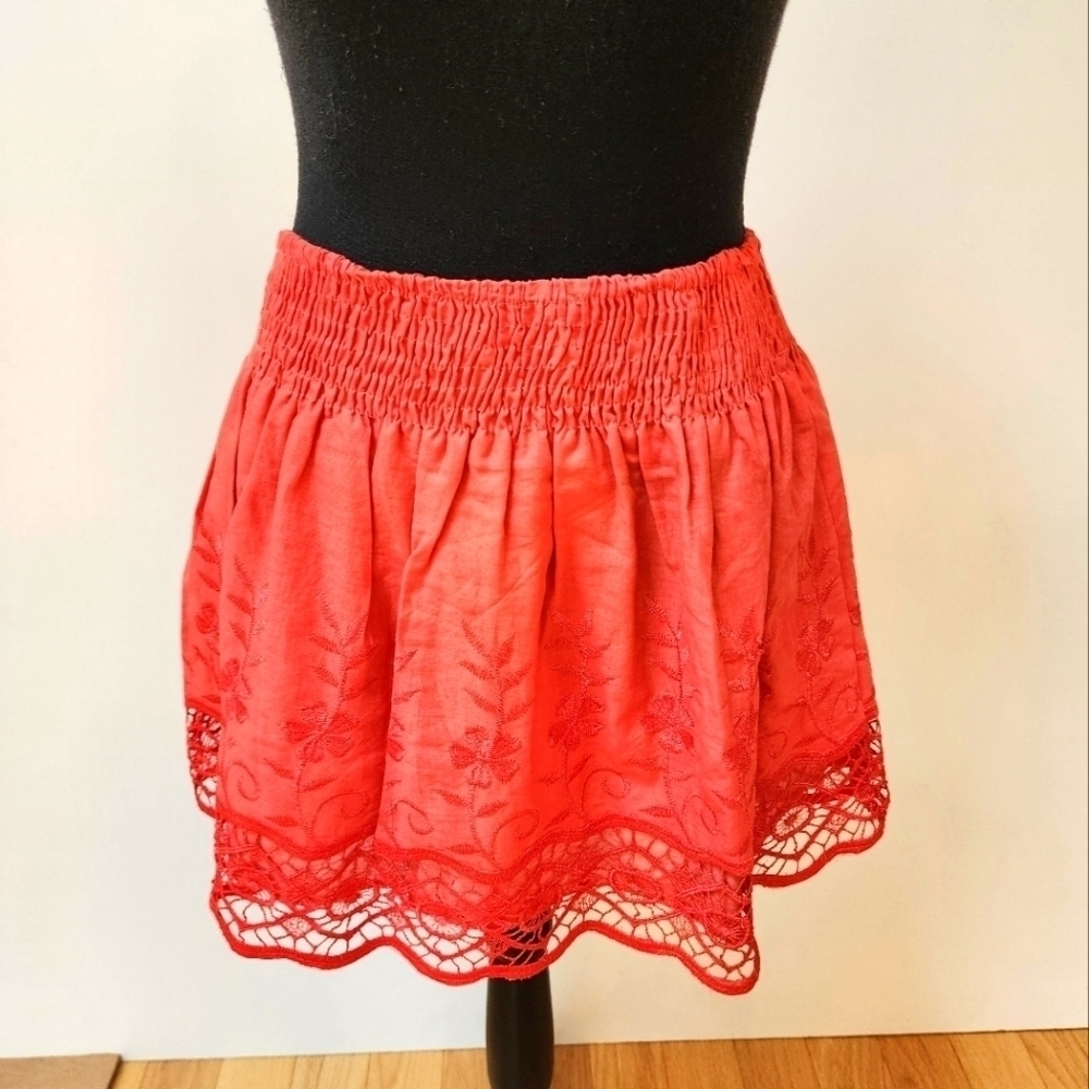 Rachael+Chloe orange a-line miniskirt w/ embroidered flowers & widelace hem NWOT